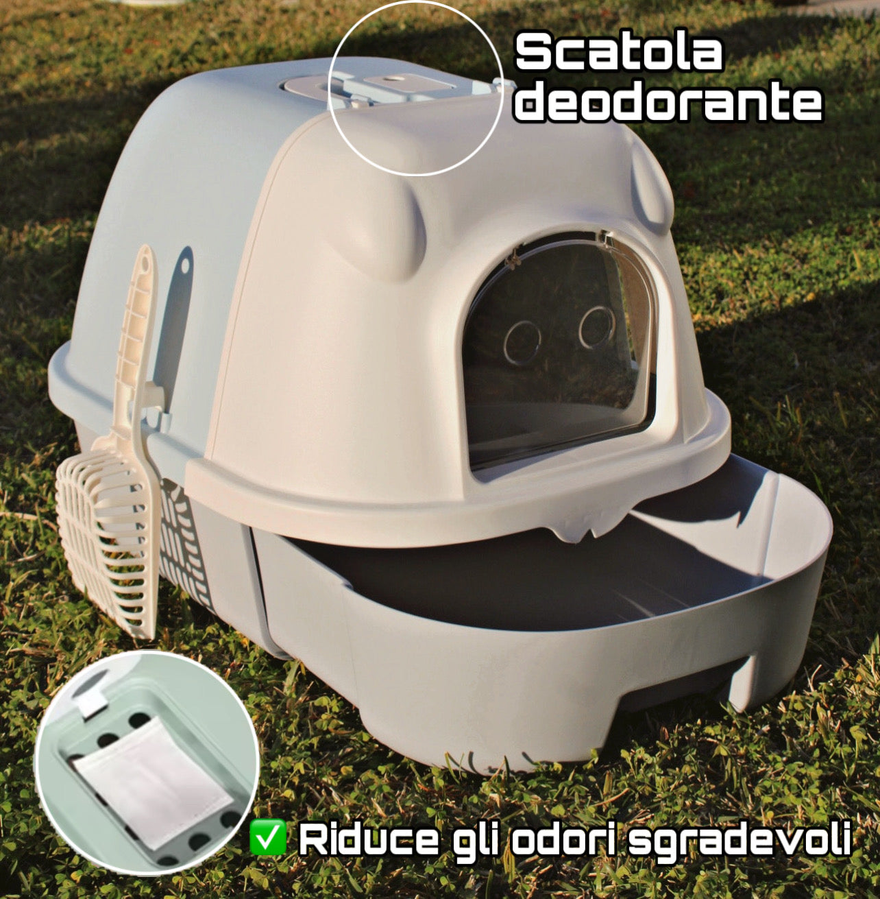 Lettiera per Gatti Chiusa con Cassetto – Facile da Pulire, con Paletta, Filtro Anti-Odori e Maniglia – Giocattolo Interattivo in Regalo!